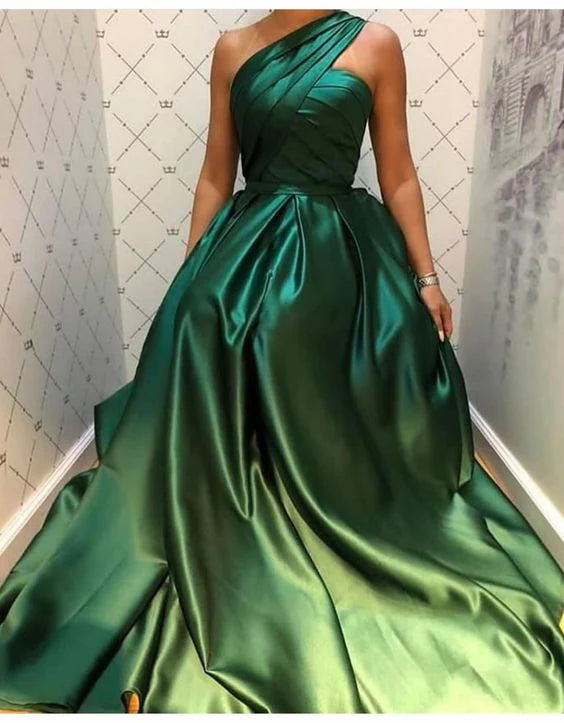 One Shoulder A Line Satin Emerald Green Formal Evening Dress Prom Party Long Gown