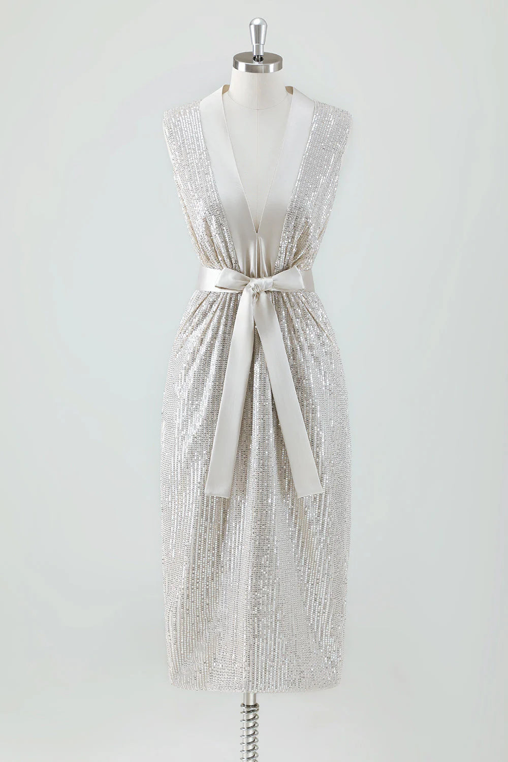 Champagne Sparkly Sheath V Neck Tea Length Holiday Party Dress with Bow