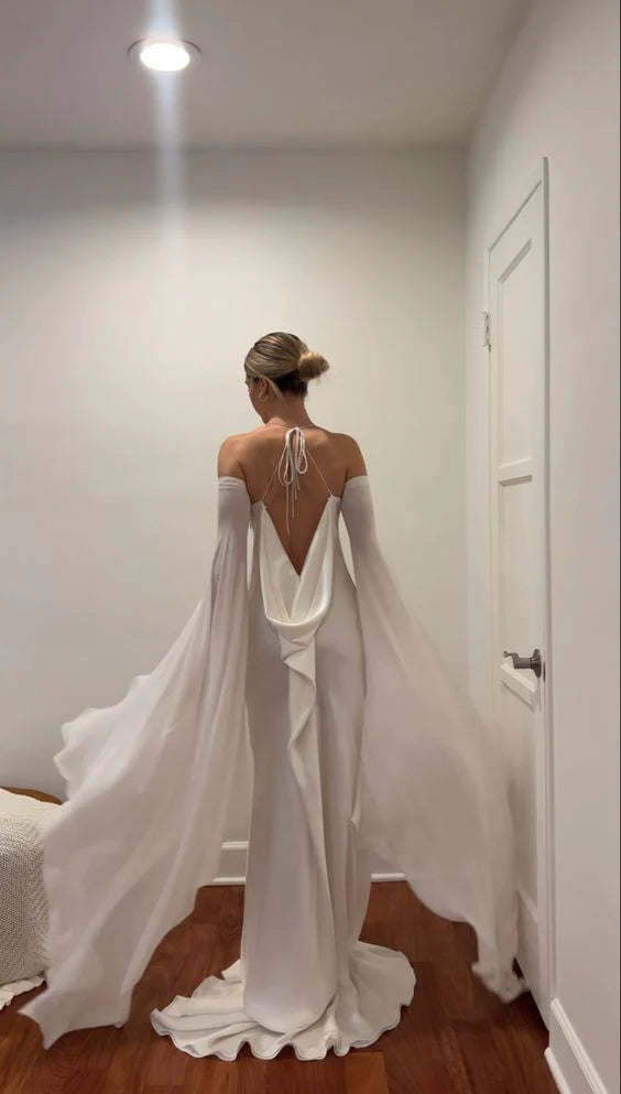 Wedding Dresses Soft Satin Long Floor Length Open Back Simple Bridal Gown With Detachable Flare Sleeves