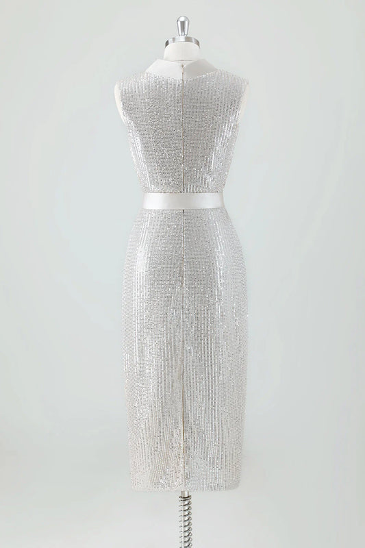 Champagne Sparkly Sheath V Neck Tea Length Holiday Party Dress with Bow