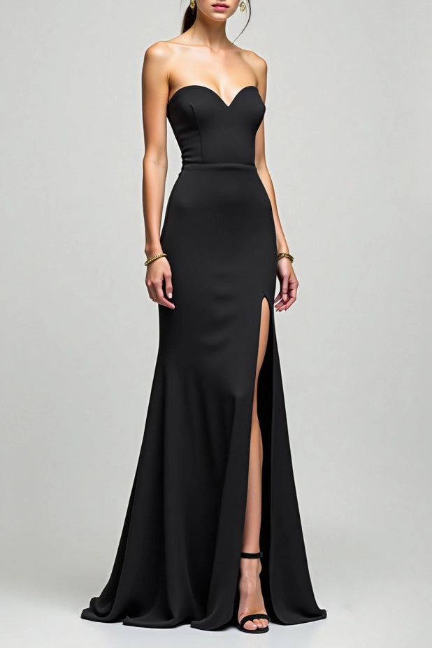 Formal Evening Strapless Dress Black High Slit Minimalist Fitted Floor-Length Dress