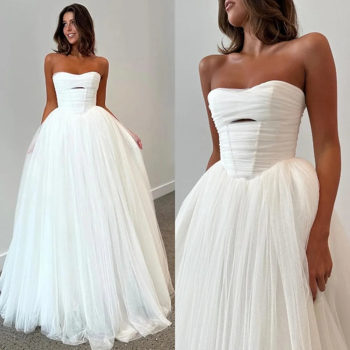 Elegant Boho Tulle Wedding Dress with Strapless Bodice