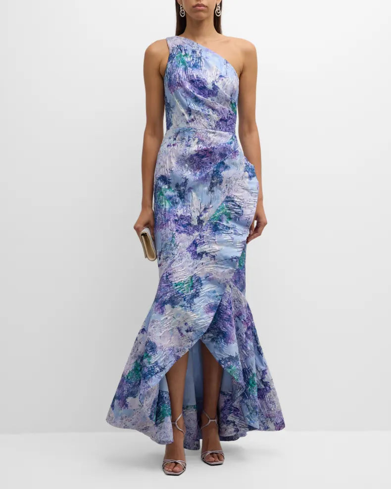 One-Shoulder Ruffle Metallic Jacquard Gown Beautiful and charming simple and unique design