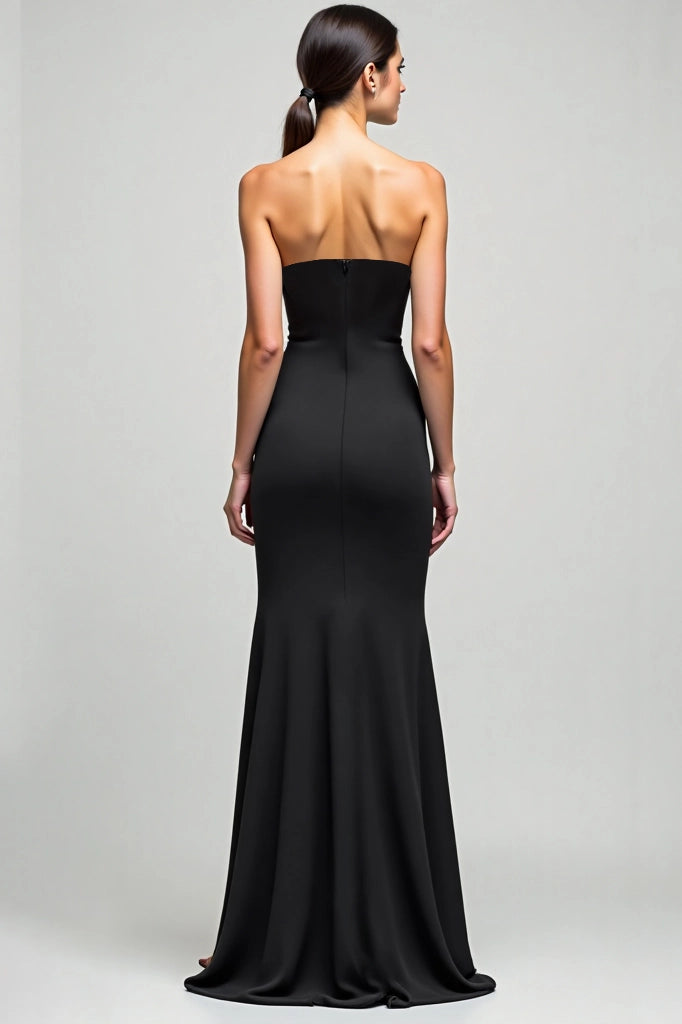 Formal Evening Strapless Dress Black High Slit Minimalist Fitted Floor-Length Dress