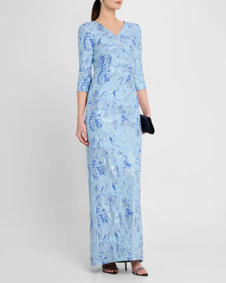 A-LiPleated Metallic Jacquard Column Gown Beautiful and charming simple and unique design