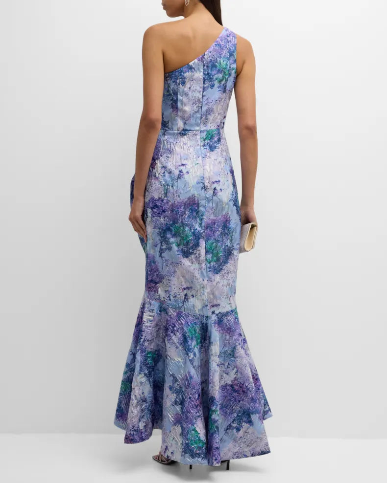 One-Shoulder Ruffle Metallic Jacquard Gown Beautiful and charming simple and unique design