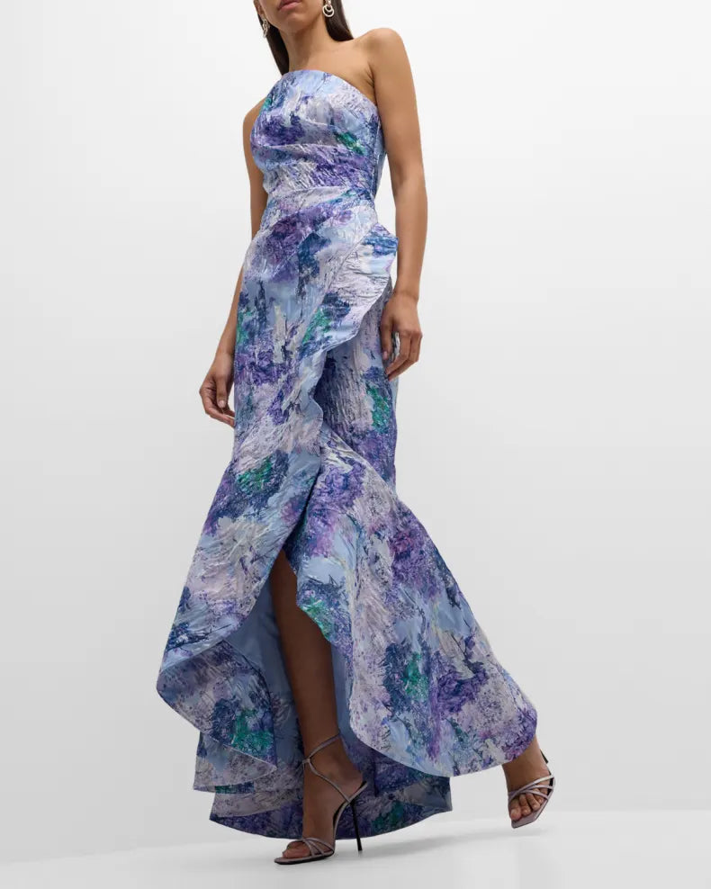One-Shoulder Ruffle Metallic Jacquard Gown Beautiful and charming simple and unique design