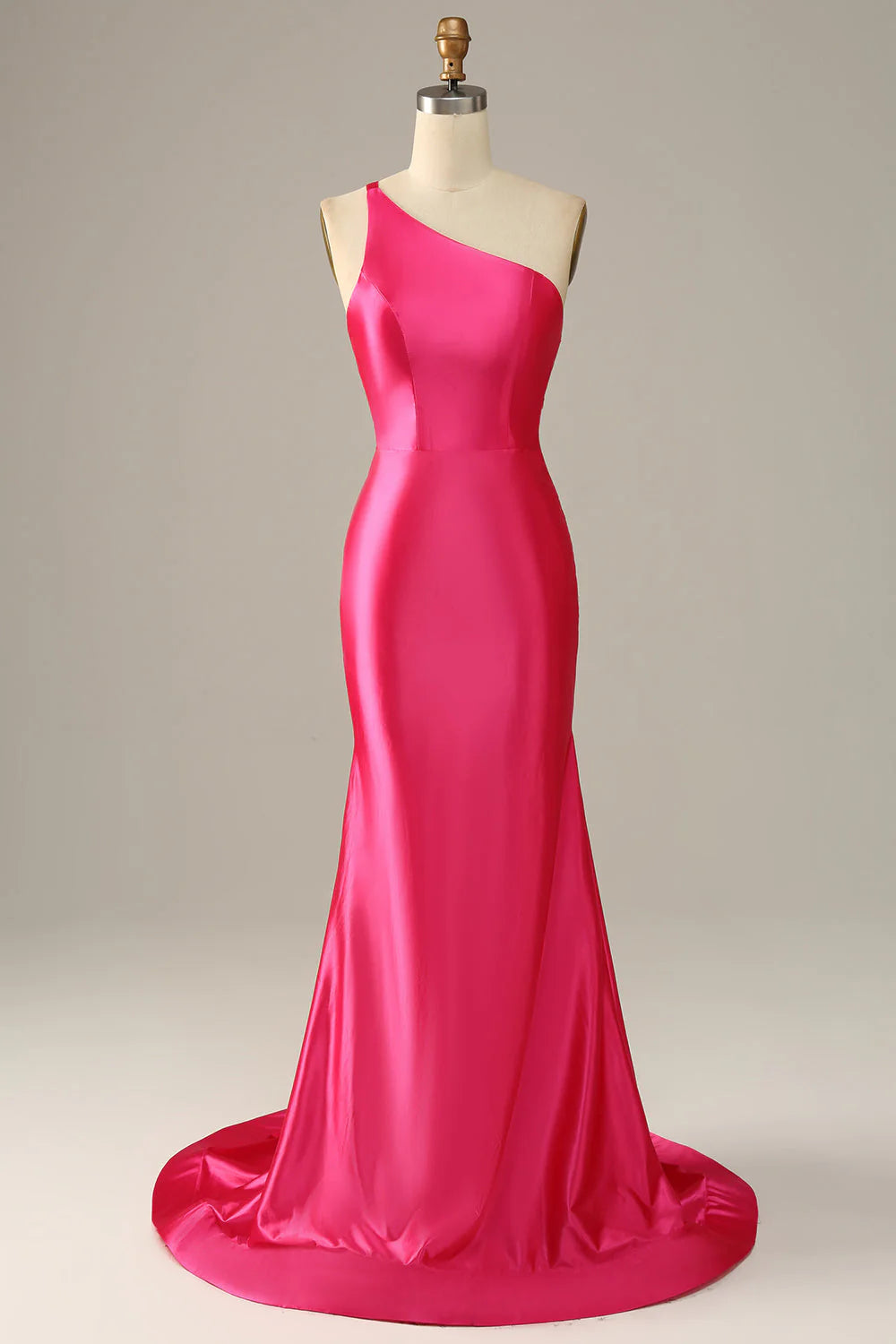 Fuchsia Mermaid One Shoulder Long Satin Prom Dress