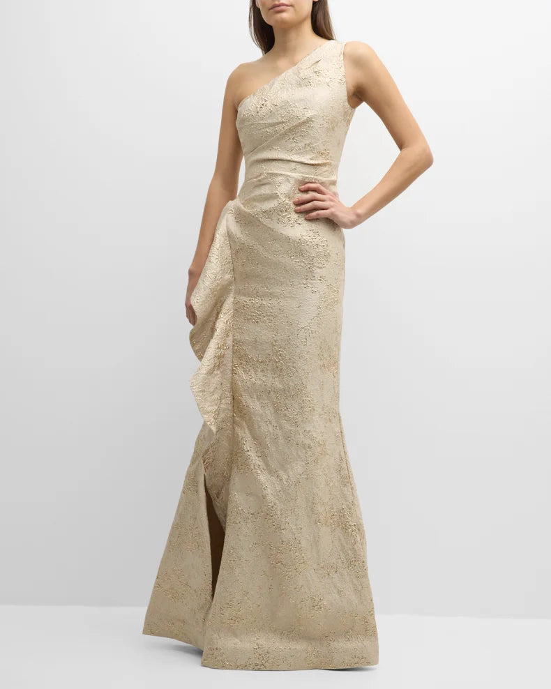 One-Shoulder Jacquard Side-Ruffle Gown Beautiful and charming simple and unique design