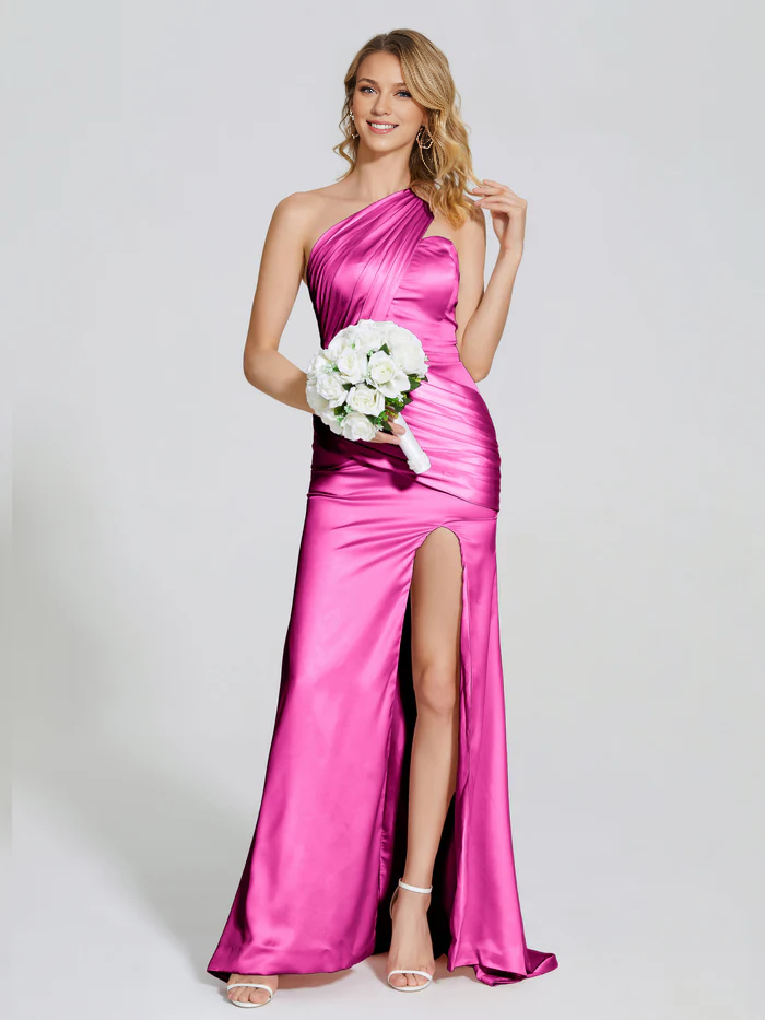 One-Shoulder Trumpet Pleated Soft Satin Prom Dress