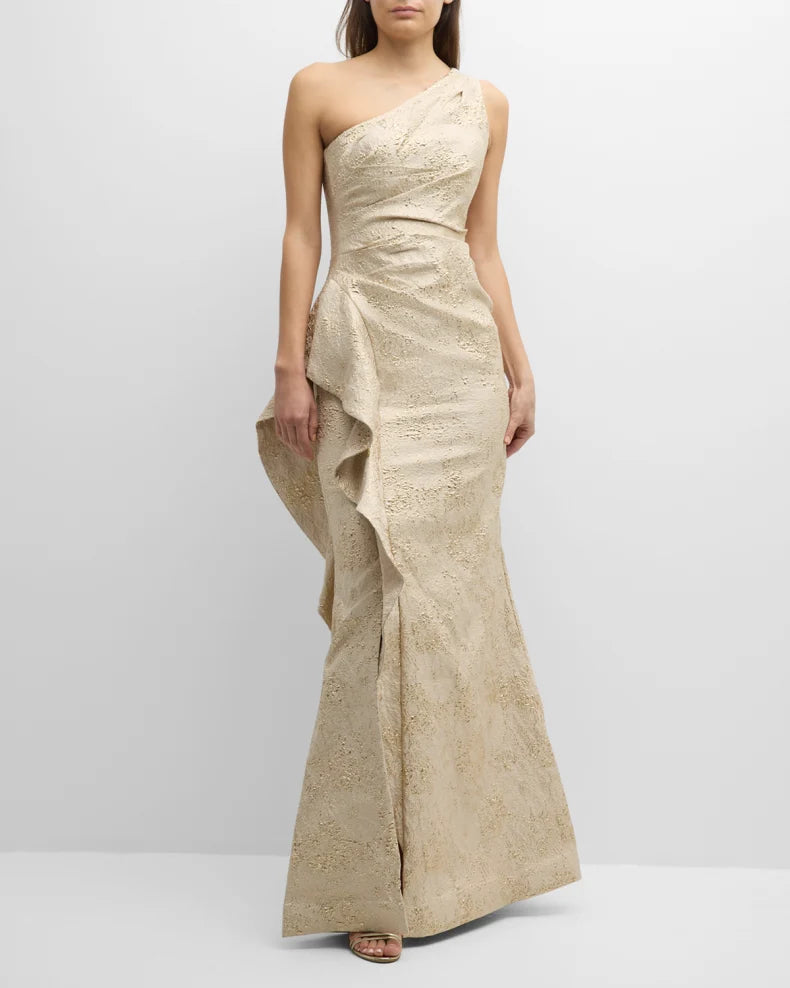 One-Shoulder Jacquard Side-Ruffle Gown Beautiful and charming simple and unique design