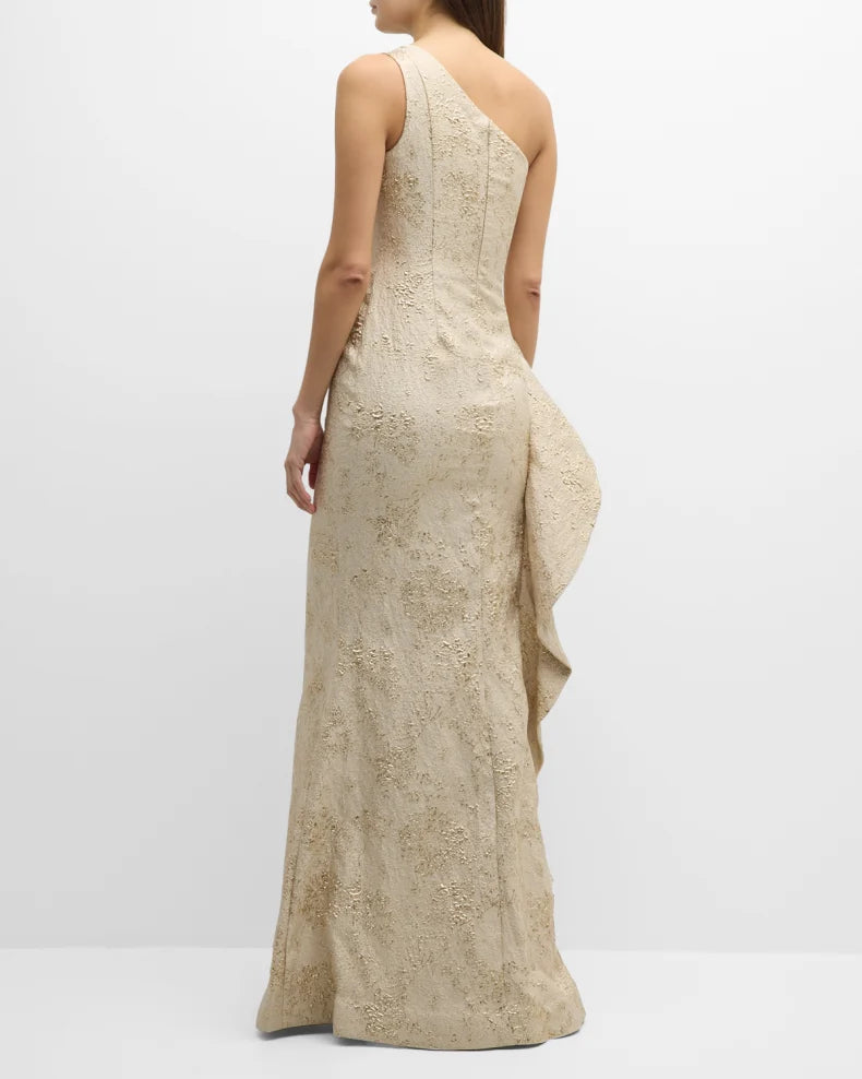 One-Shoulder Jacquard Side-Ruffle Gown Beautiful and charming simple and unique design