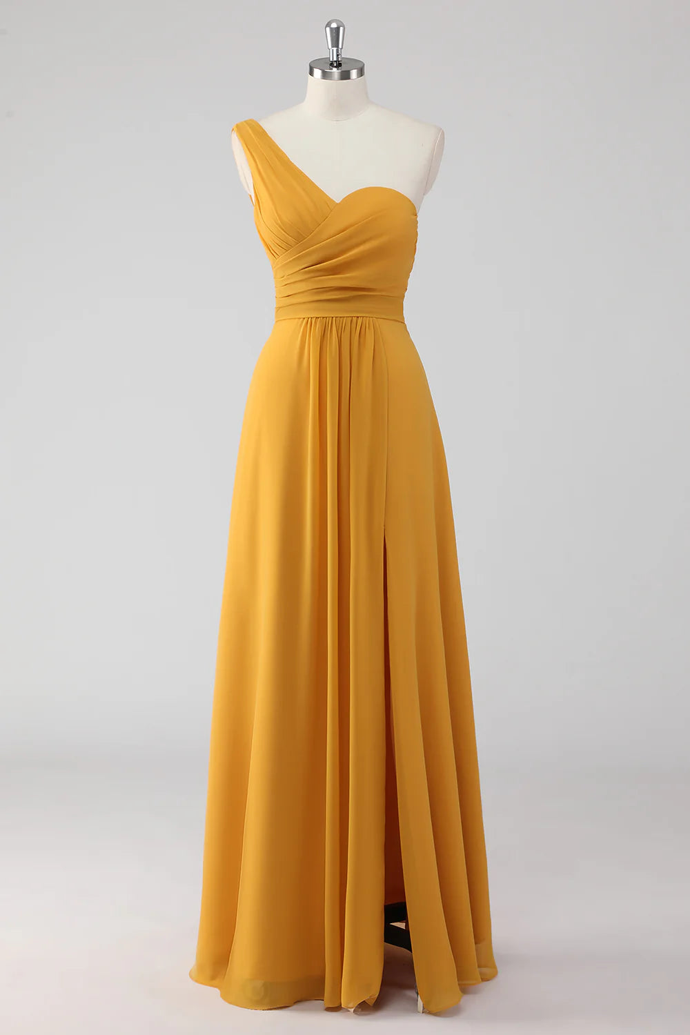 A Line One Shoulder Ruched Long Bridesmaid Dress with Slit