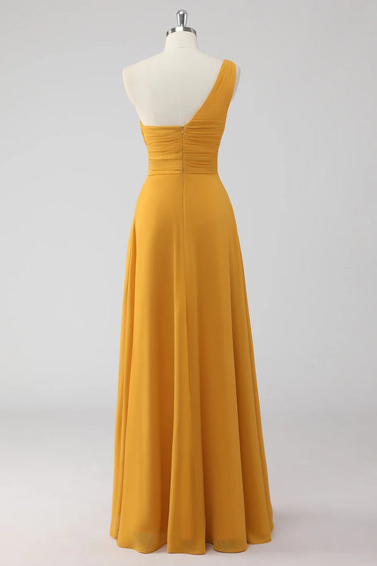 A Line One Shoulder Ruched Long Bridesmaid Dress with Slit