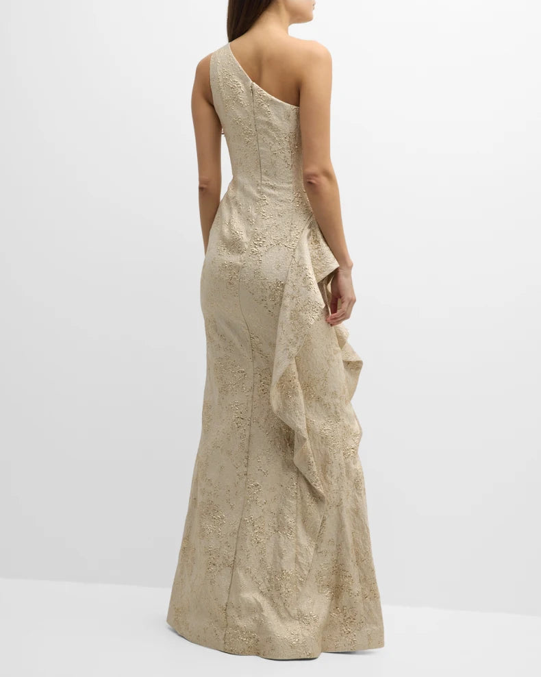One-Shoulder Jacquard Side-Ruffle Gown Beautiful and charming simple and unique design
