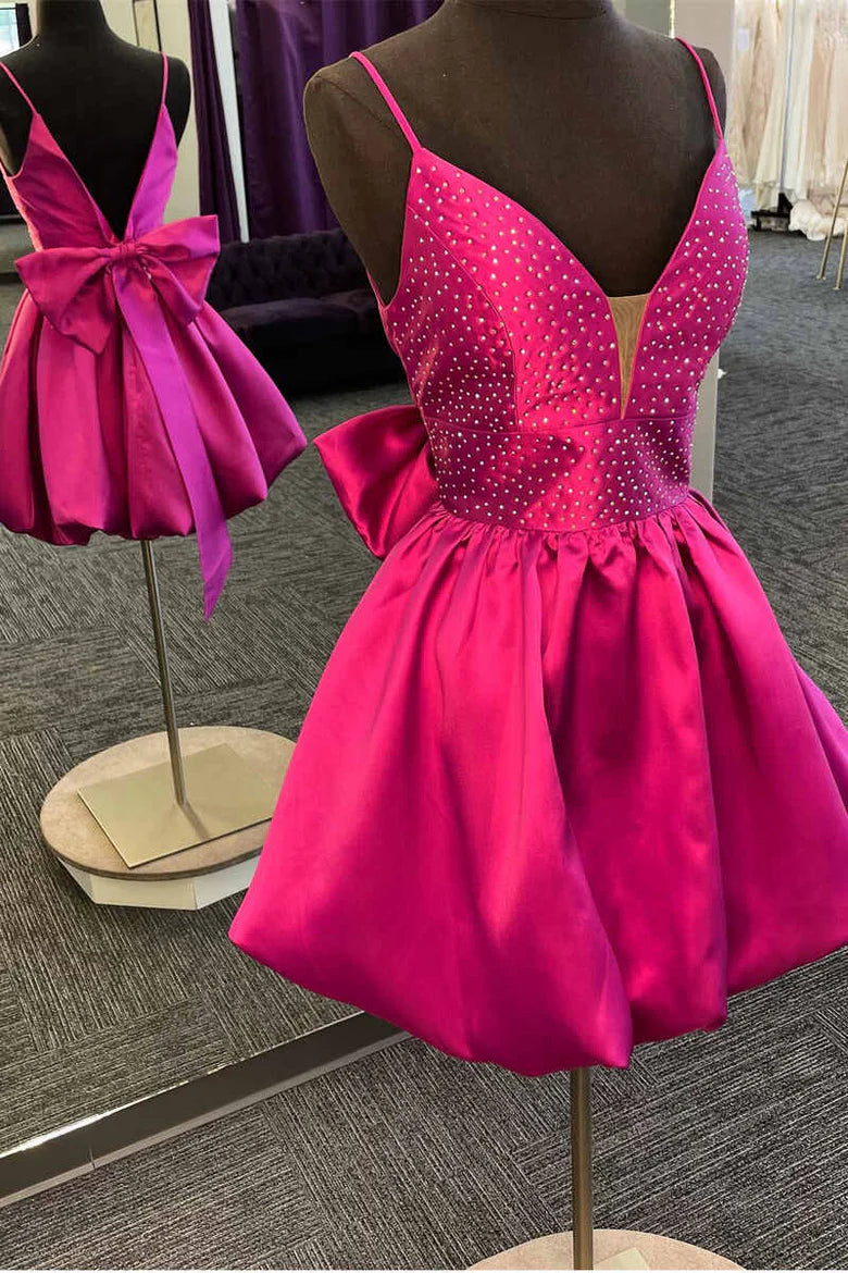 Magenta Beaded V-Neck Bow Back A-Line Short Homecoming Dress