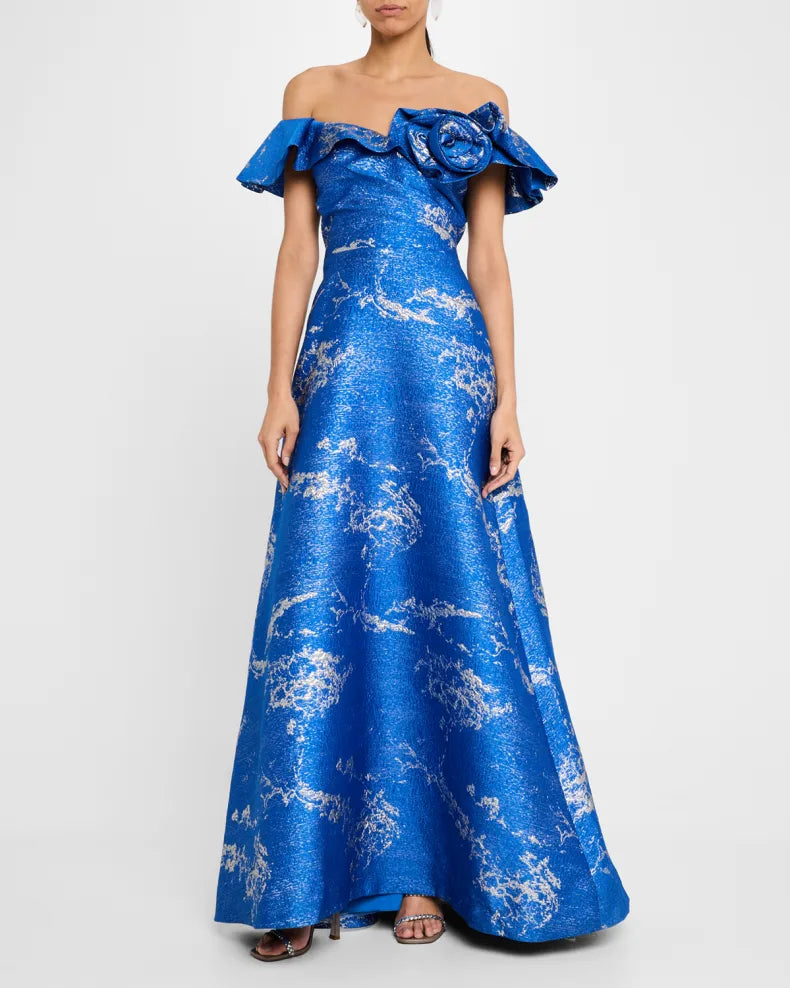 Off-Shoulder Metallic Jacquard Gown Beautiful and charming simple and unique design