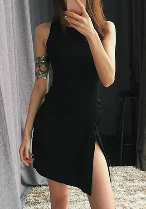Casual  Plain Side Slit Round Neck Mini Homecoming Dress