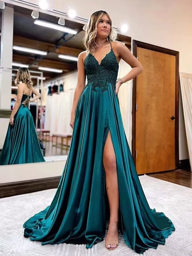 long a-line satin prom dresses v-neck split formal gown with lace appliques