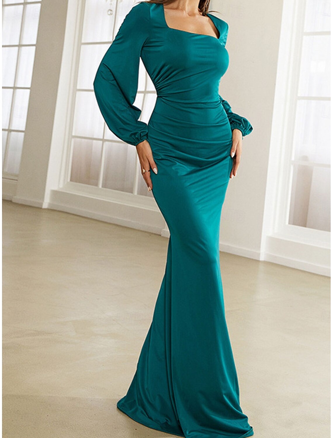 Dress Mother of the Bride Dress Elegant Square Neck Sweep / Brush Train Polyester Long Sleeve with Solid Color