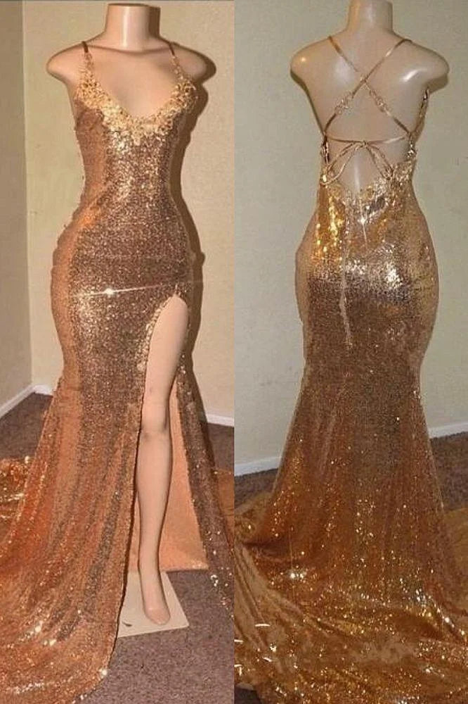 ﻿ Gold Sequins V-Neck Halter Sleeveless Long Mermaid Prom Dress with Split