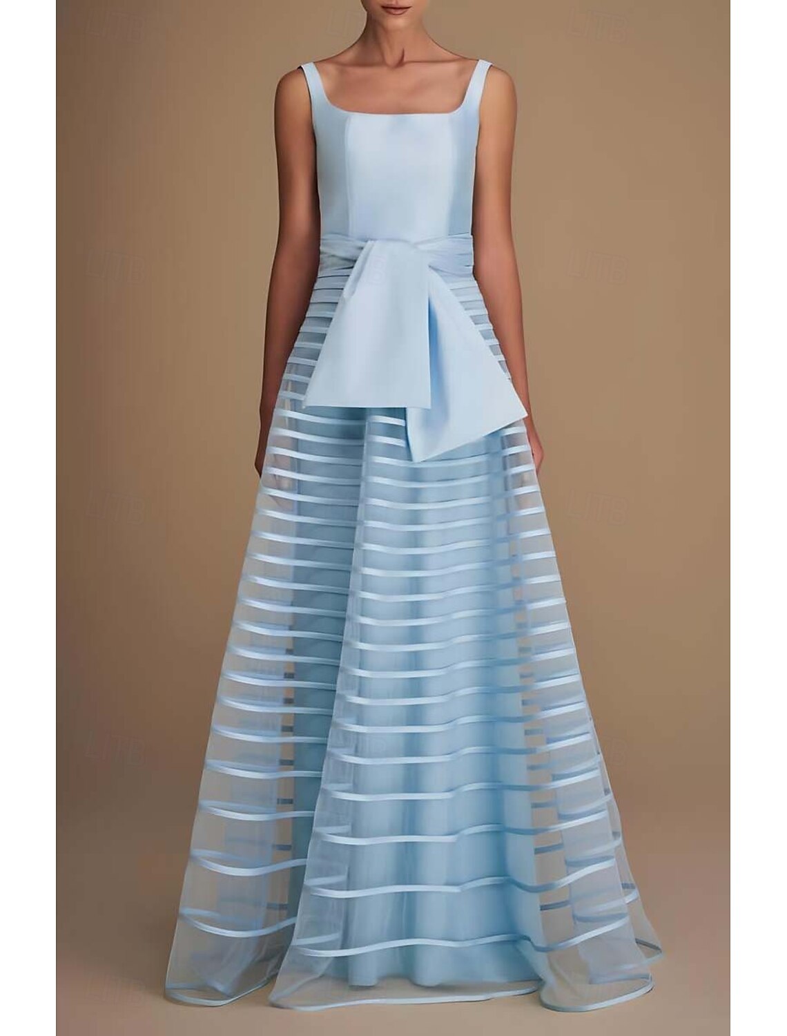 A-Line Evening Gown Elegant Dress Formal Performance Floor Length Sleeveless Square Neck Satin with Bow(s) Pleats