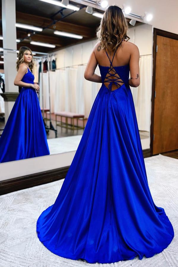 V-Neck Sleeveless Long Prom Dress With Appliques Split Simple gentle atmospheric and unique design