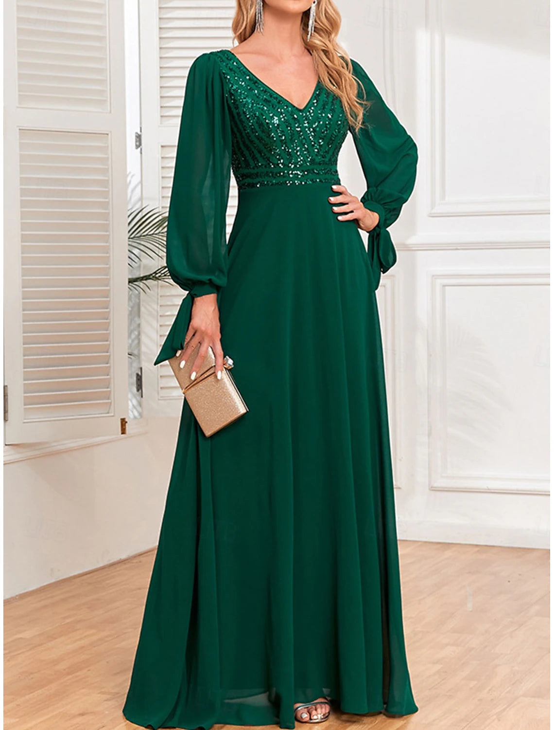 Dress Mother of the Bride Dress Elegant V Neck Floor Length Chiffon Long Sleeve with Sequin