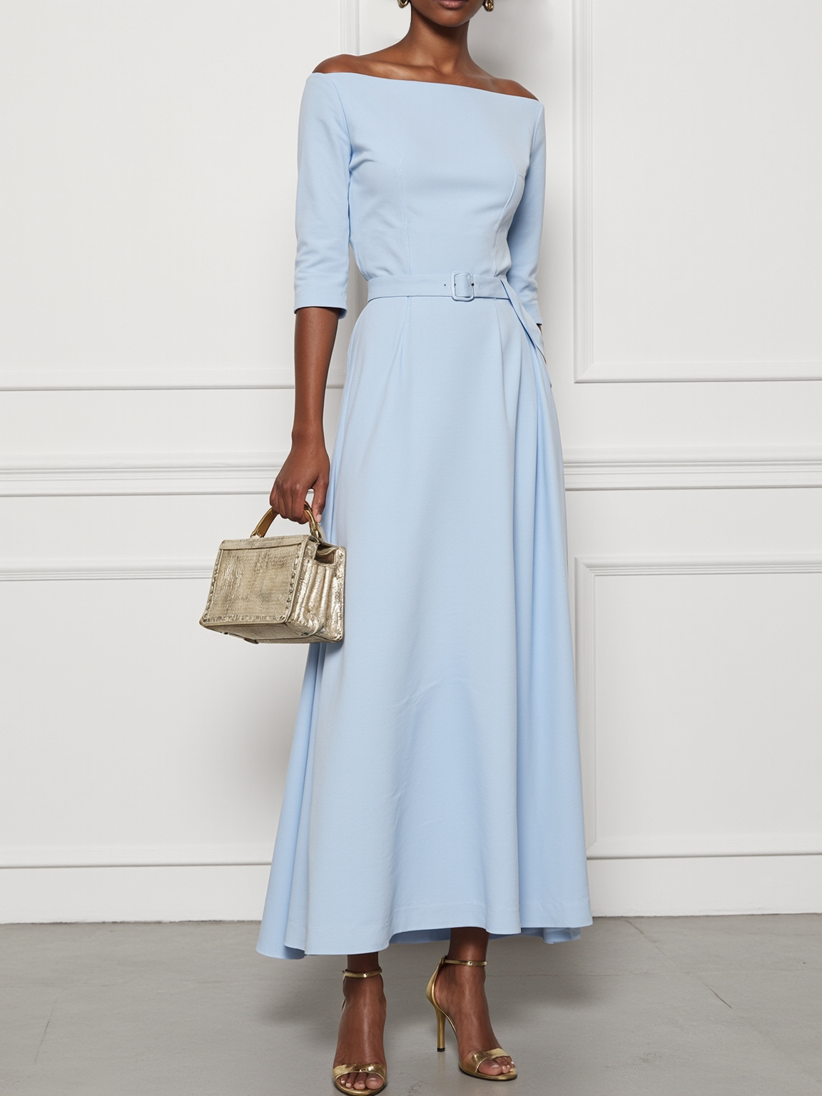 Light Blue Cotton Off The Shoulder Half Sleeve A-Line Maxi Dress simple gentle atmospheric and unique desi Bring summer colors to enhance whiteness ﻿