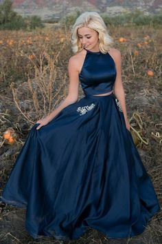 Elegant A Line Satin Dark Navy Two Pieces Long Prom Dresses With Pockets  simple gentle atmospheric and unique desi Bring summer colors to enhance whiteness