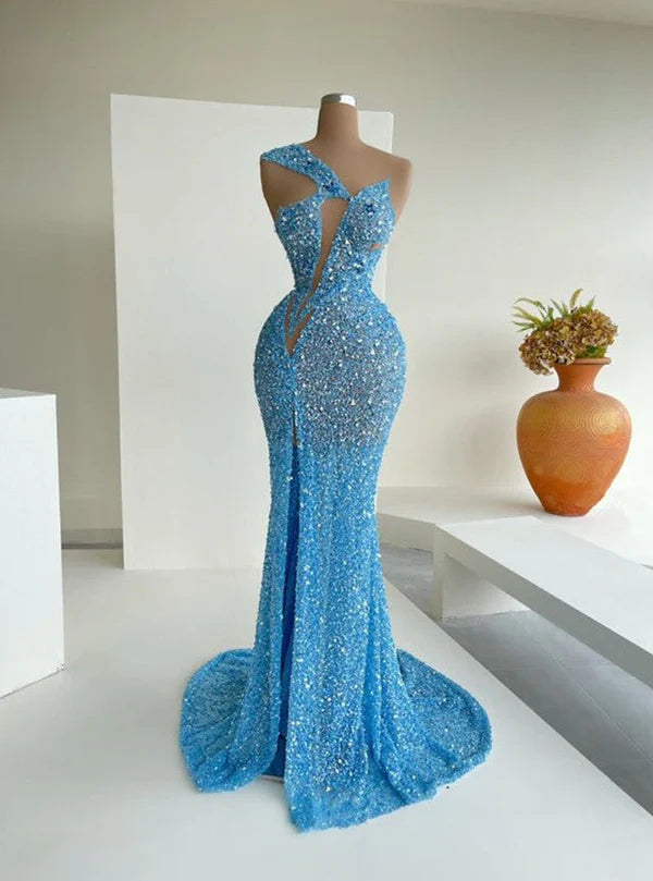 Beautiful Ocean Blue Sequins One-Shoulder Mermaid Long Prom Dresses With Split Simple gentle atmospheric and unique design