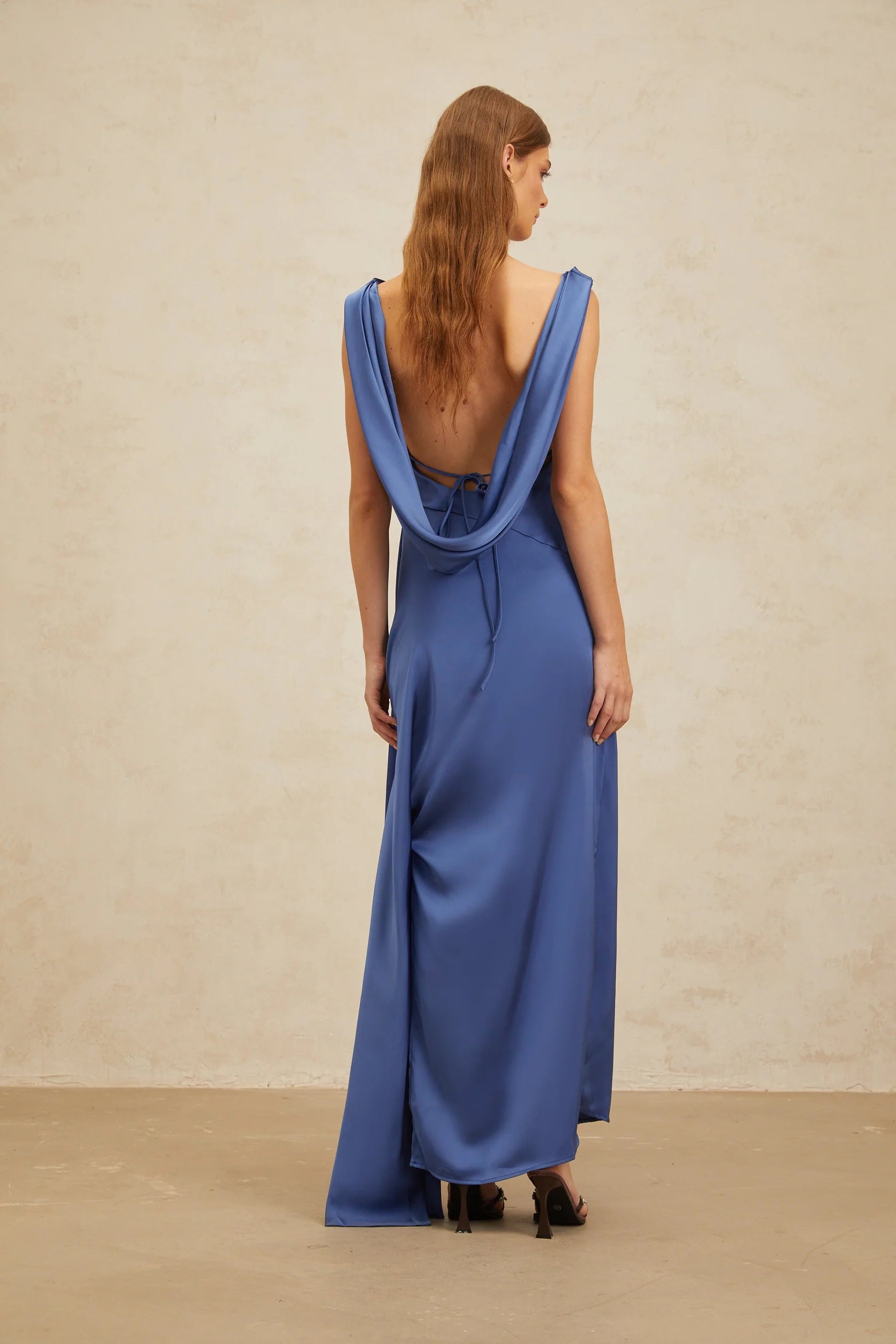 Blue Satin Cowl Neck Maxi Dress with Open Back Sapphire Open-Back Satin Maxi Dress Evening Dress