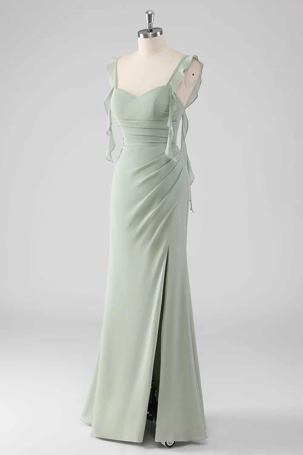 Sage Green Ruffled Sweetheart Neck Evening Gown Sage Green Ruffled Sheath Lace-Up Back Long Bridesmaid Dress with Slit Evening Dress