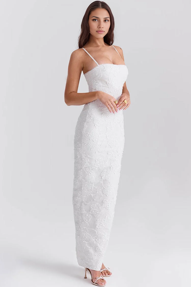 Elegant Square Neck Spaghetti Strap Floral Embroidered Lace Formal Maxi Dress Simple gentle beautiful and unique design