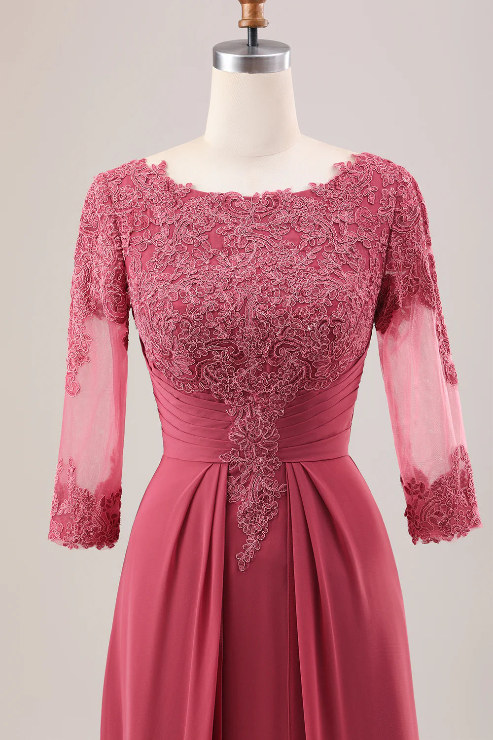 Terracotta A Line Pleated Applique Mother of the Bride Dress With Long Sleeves