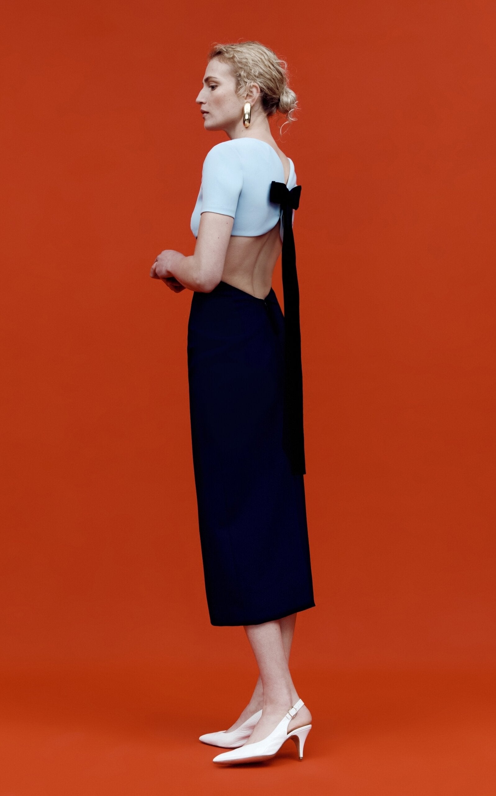 Exclusive Riviera Open Back Two-Tone Crepe Midi Dress