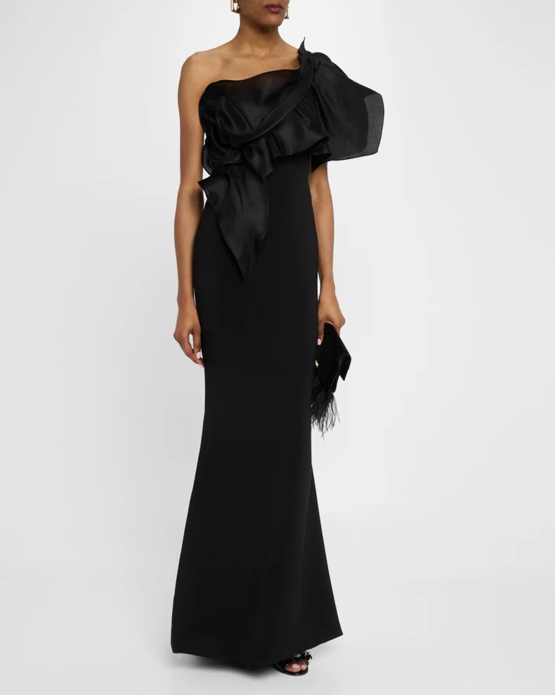 Charming and unique design Beautiful generous simple One-Shoulder Ruffle Stretch Crepe Gown