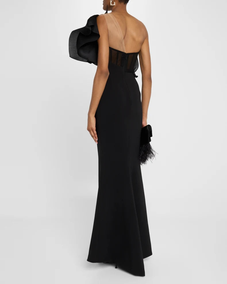 Charming and unique design Beautiful generous simple One-Shoulder Ruffle Stretch Crepe Gown