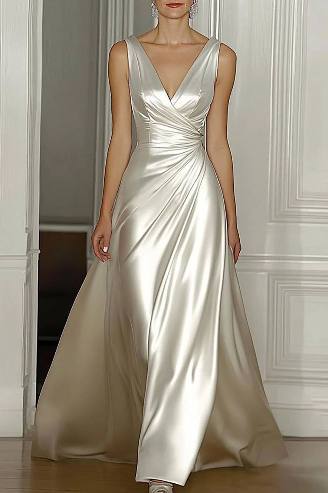 Evening Prom Satin Dress Off-White Sleeveless V-Neck Floor-Length Dress