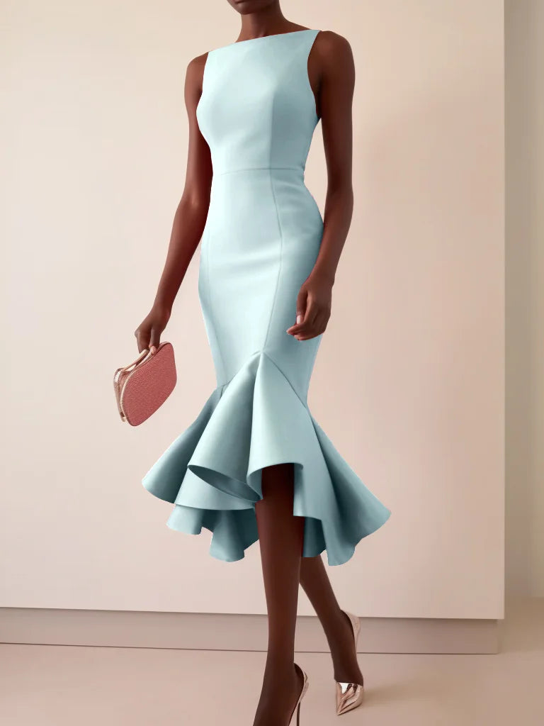 Simple beautiful generous and full of charm Aqua Blue Sleeveless Mermaid Midi Dress