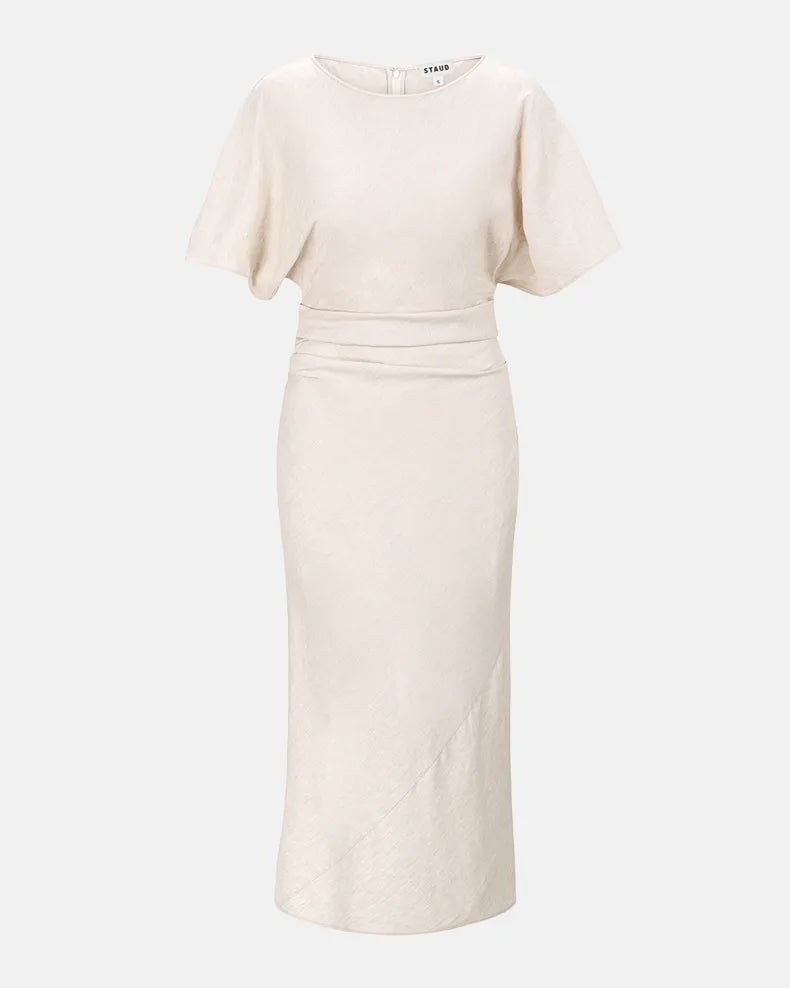 Amelie Linen Midi Dress Shimmer Twist Gown Simple beautiful generous and full of charm