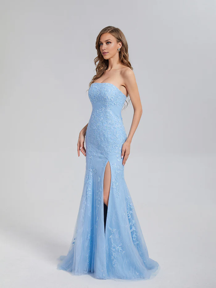 Mermaid Strapless Appliques Lace Prom Dresses