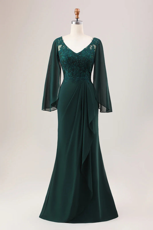 Mermaid V Neck Beaded Mother of the Bride Dress With Long Sleeves