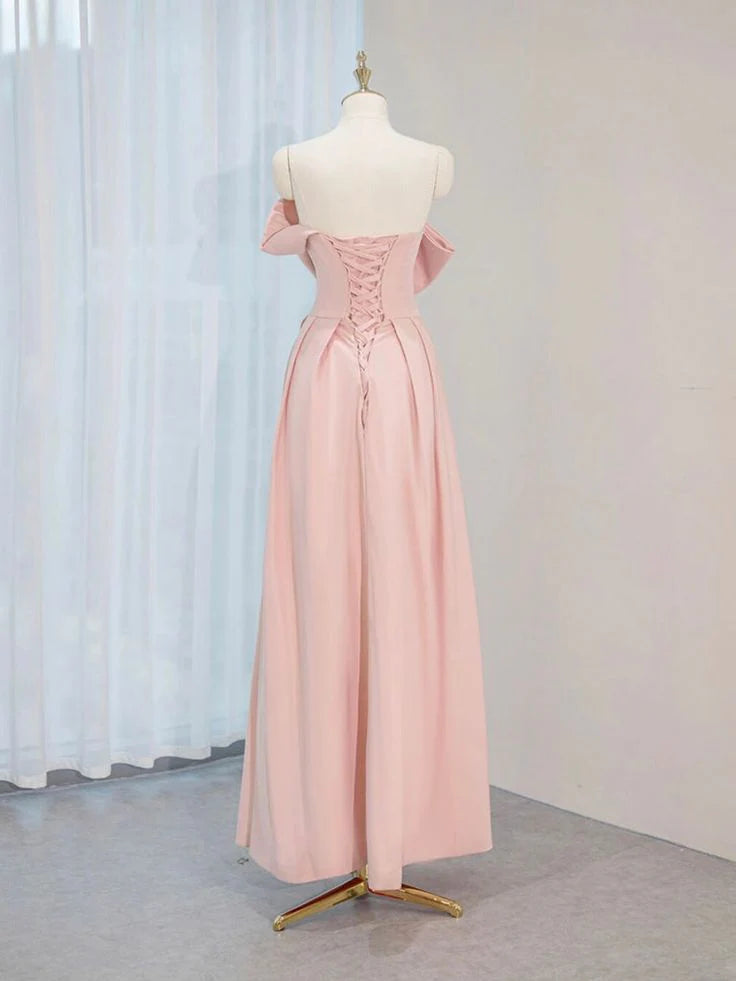 A-Line Satin Pink Long Prom Dress  Pink Long Formal Dress