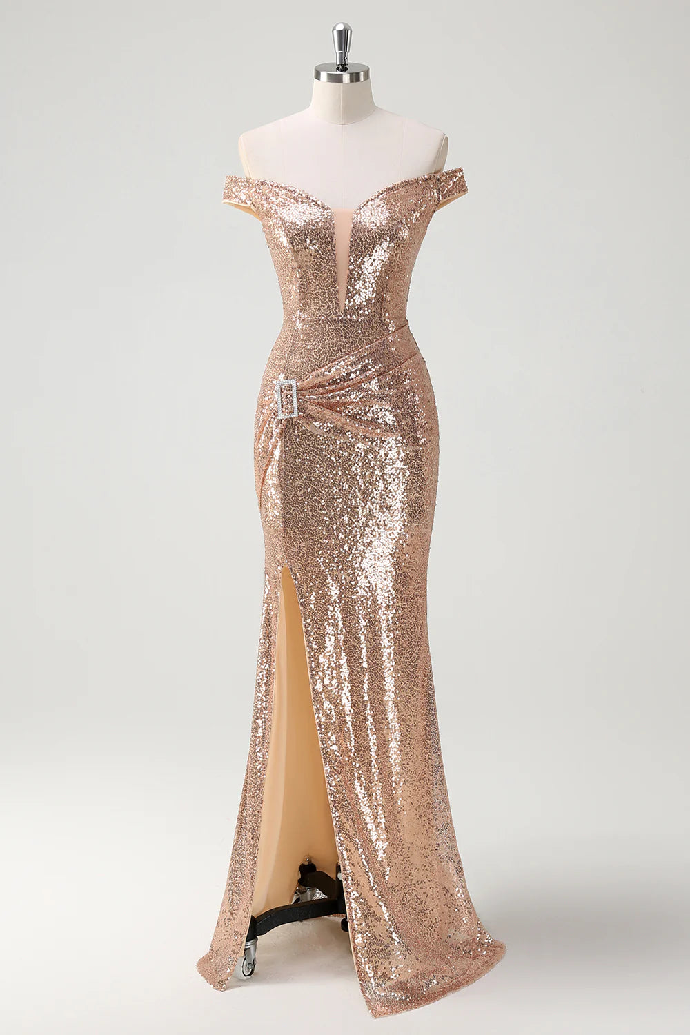 Sparkly Champagne Mermaid Off The Shoulder Sequins Party Dress with Slit