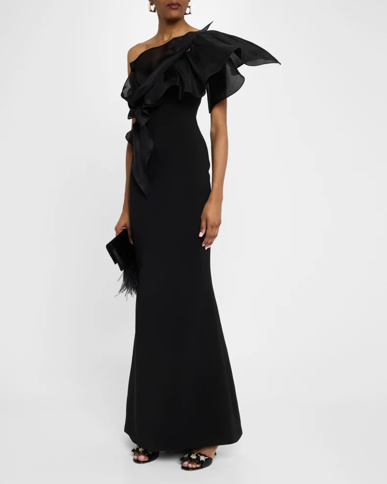 Charming and unique design Beautiful generous simple One-Shoulder Ruffle Stretch Crepe Gown