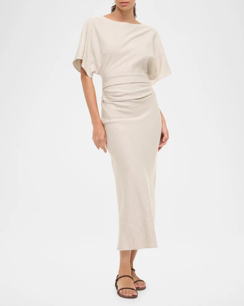 Amelie Linen Midi Dress Shimmer Twist Gown Simple beautiful generous and full of charm