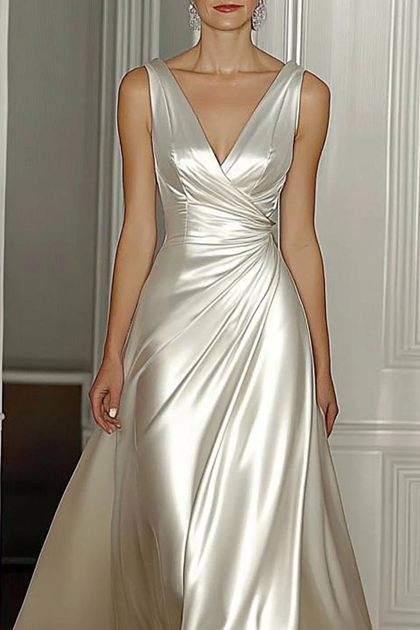 Evening Prom Satin Dress Off-White Sleeveless V-Neck Floor-Length Dress