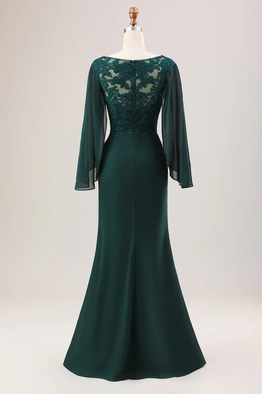 Mermaid V Neck Beaded Mother of the Bride Dress With Long Sleeves