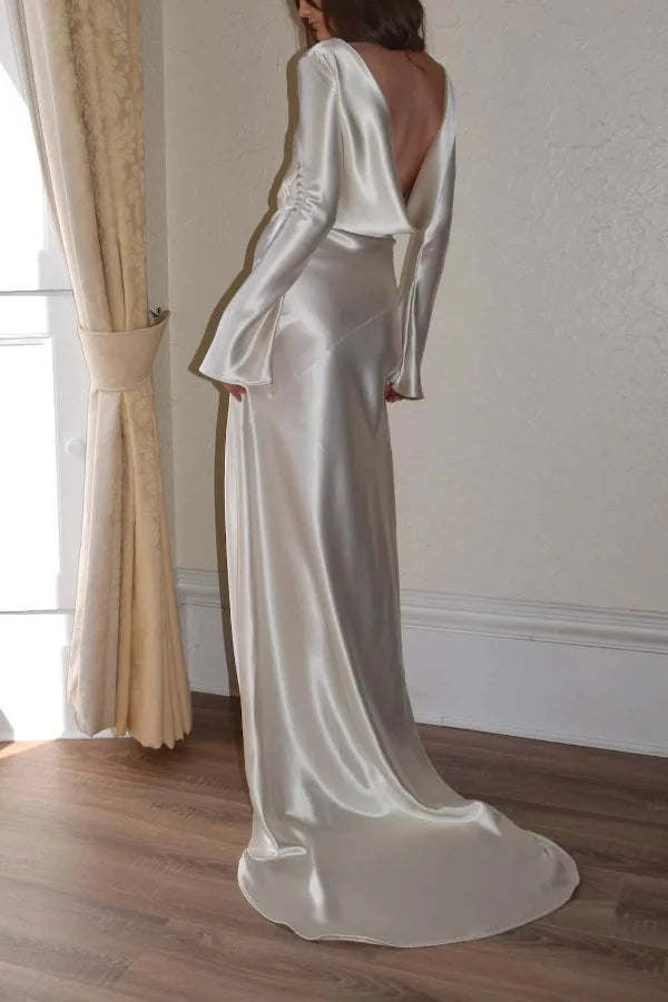 Pearl Eden Satin Back Open Cowl Neck Gown Maxi Dress Simple atmospheric beautiful and unique desi